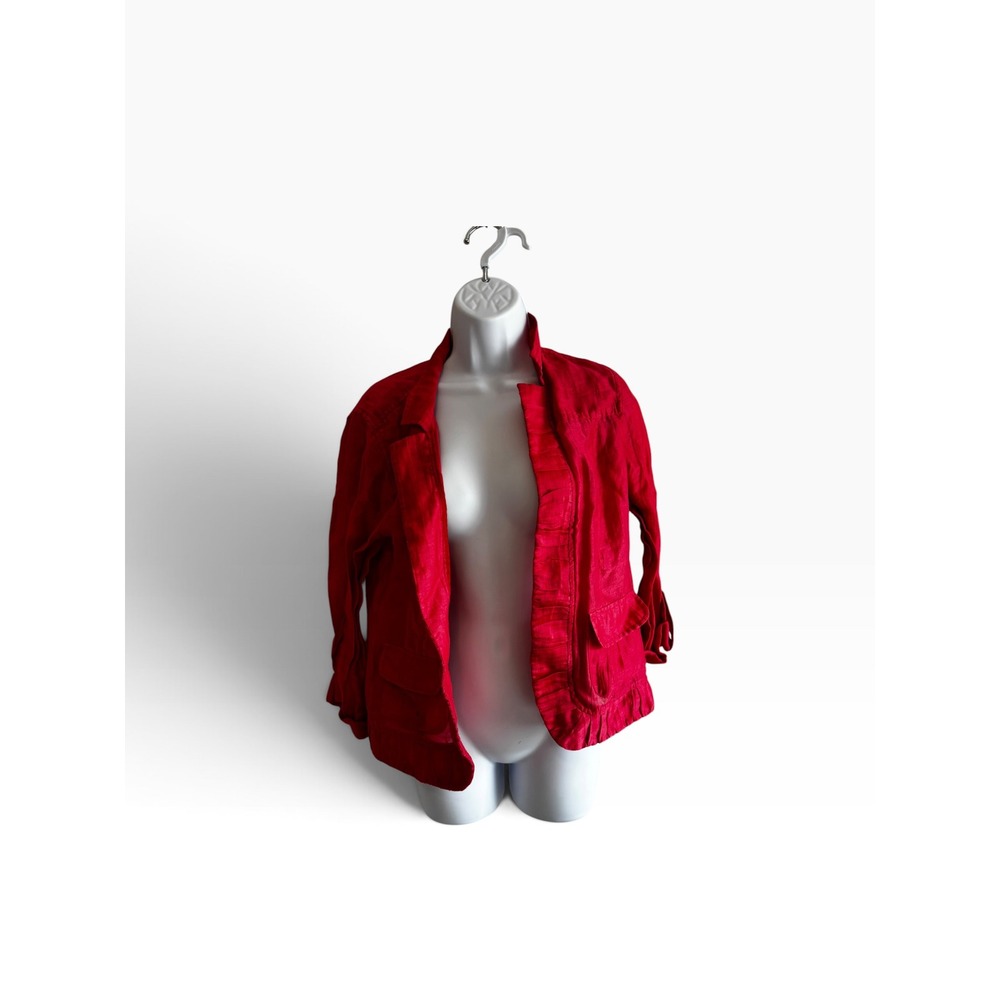 Chico's Ruffle Trim Linen Blend Blazer 0 Small Red Textured Open Front Jacket